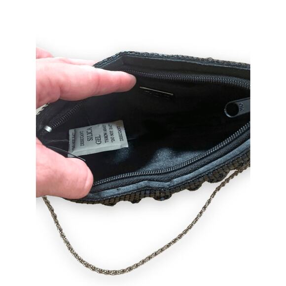 90s Cache Black Sequin Mini Baguette Bag Silver Chain Handle Evening Purse Small - Picture 6 of 8